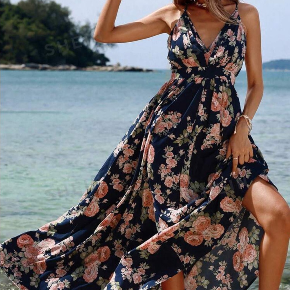 SHEIN Navy Floral Maxi Dress with Pink Roses